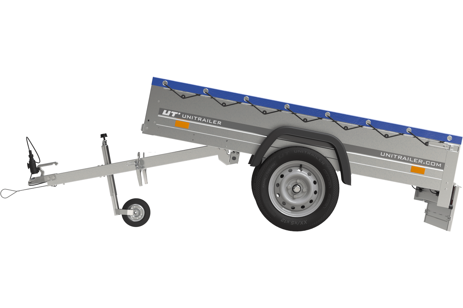 200×106 Gitteranhänger mit blauer Flachplane, Gitterseiten und Stützrad – Gartenanhänger 200 KIPP